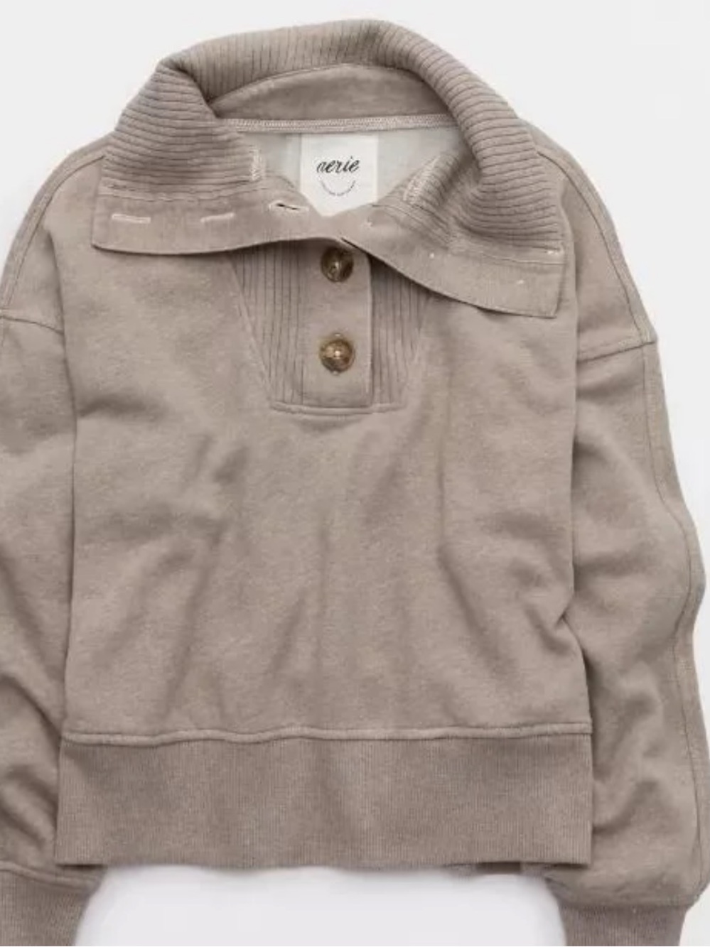 aerie Best Button Light Brown Ribbed Funnel-Neck Pullover with Button Plack